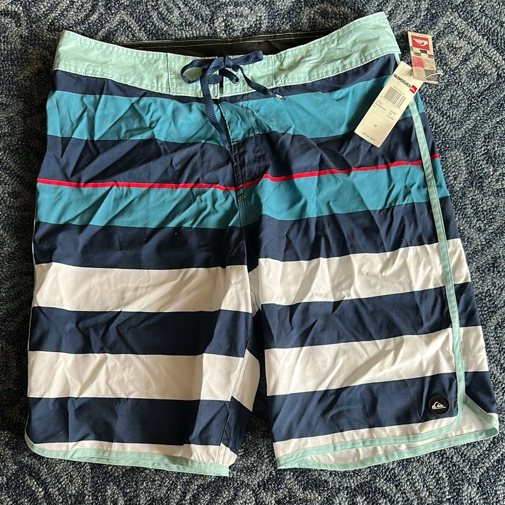 Quiksilver Men's Striped Swim Shorts - Blue and White